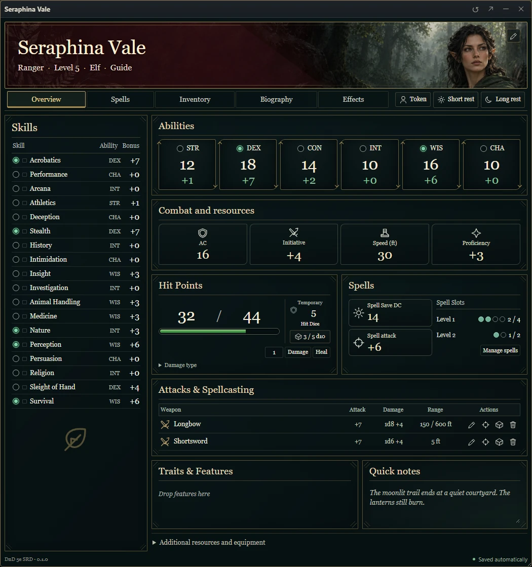 Seraphina Vale's real DnD 5e SRD 0.1.0 character sheet with an original ranger portrait, abilities, skills, health, equipment and rest controls.