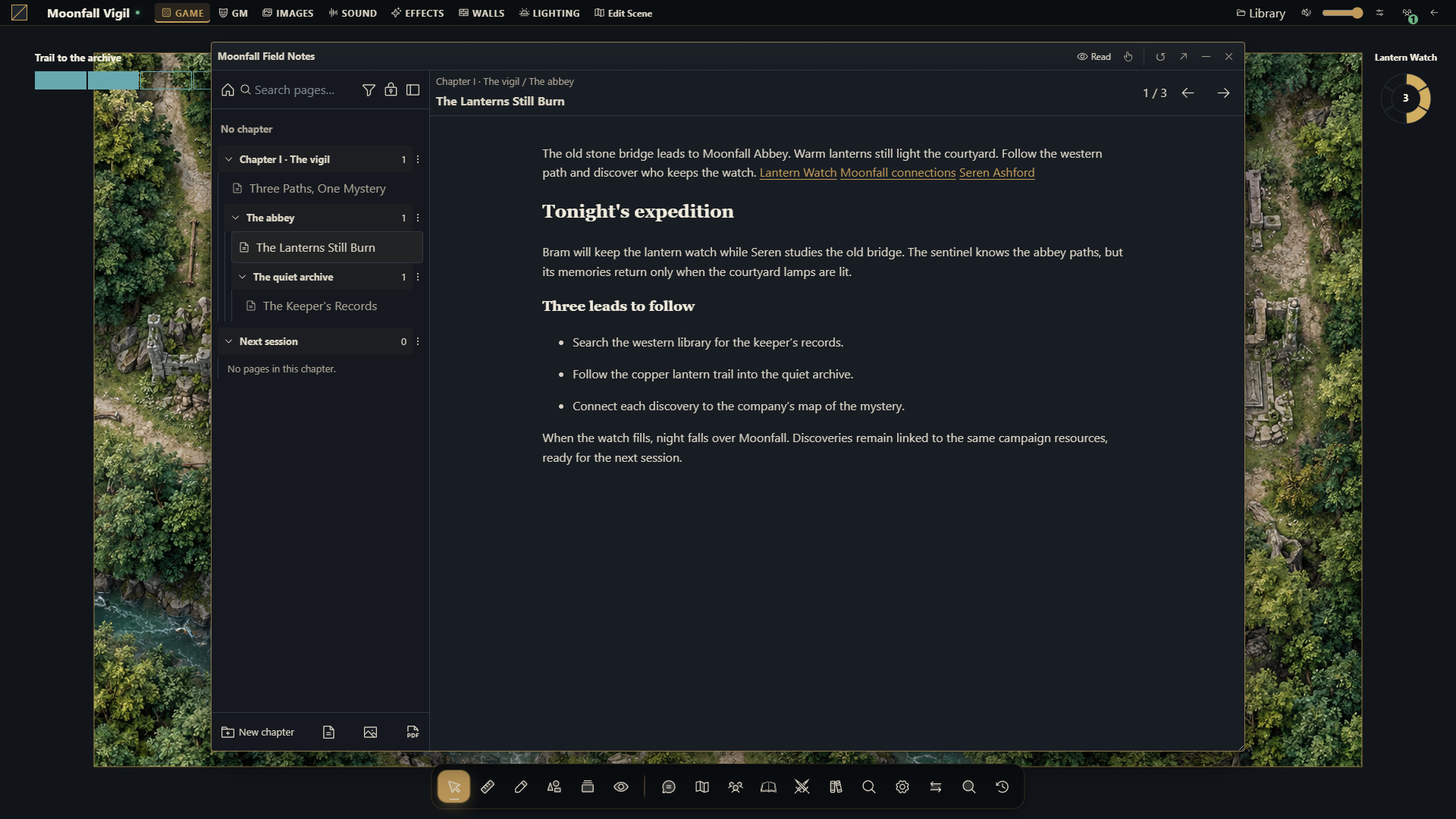 A real Gravewright 0.3.2 journal shows nested and empty chapters, authored expedition notes and live links to a clock, mind map and character. English interface.