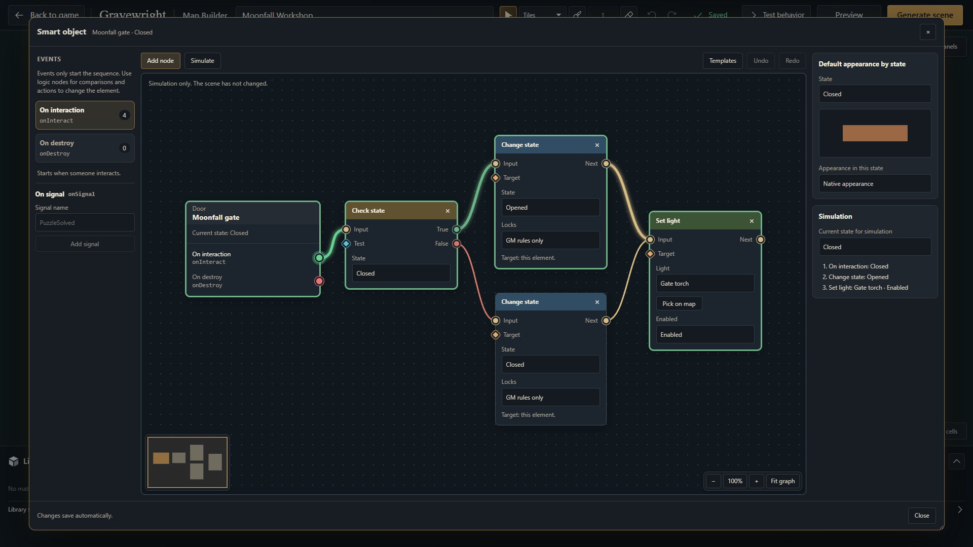 Gravewright 0.3.0 Map Builder showing Moonfall gate with five connected Smart Object nodes: interaction, a Closed state check, Opened and Closed actions, and the Gate torch light. Simulation highlights the active path. English interface.