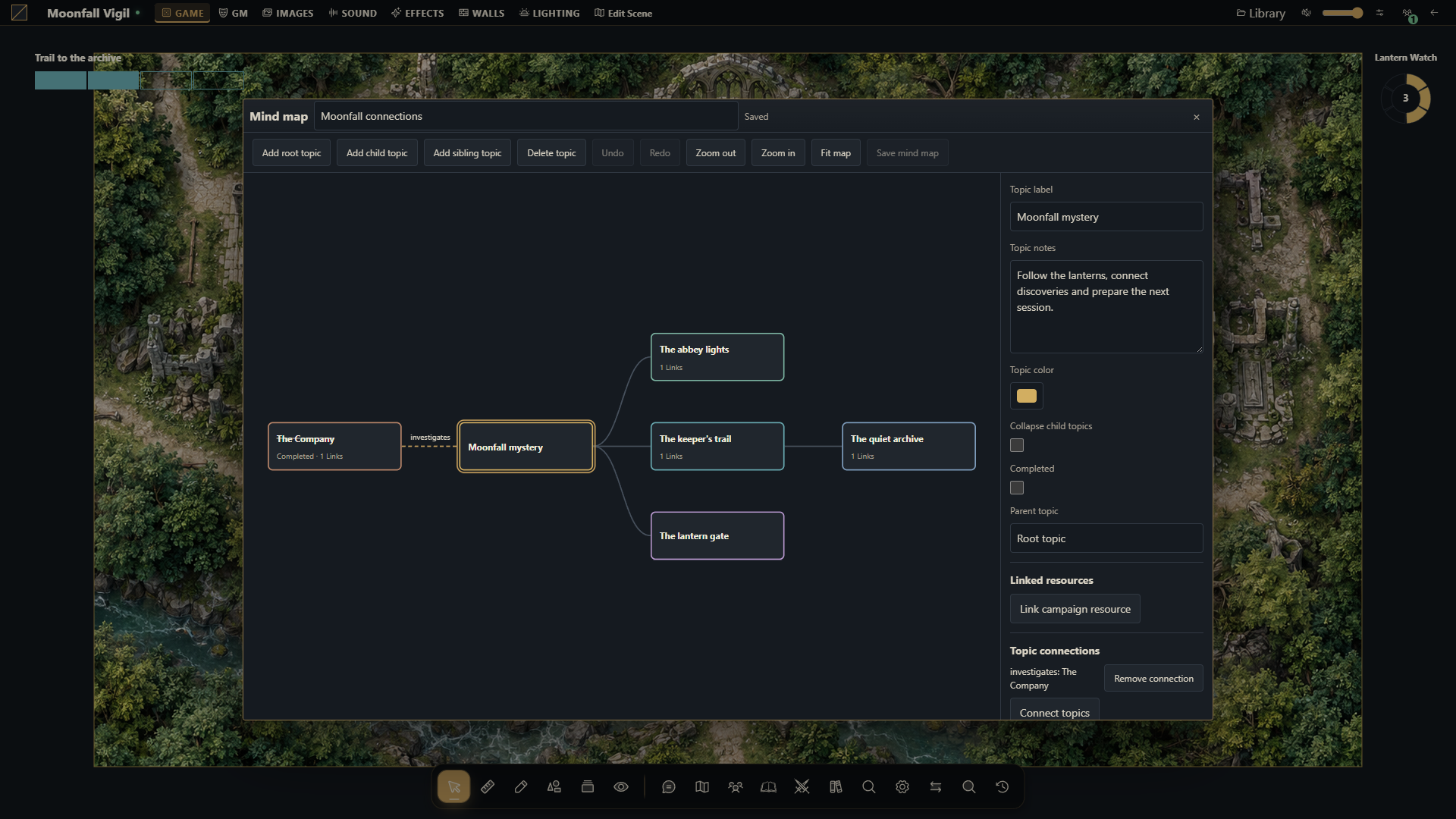The Gravewright 0.3.2 mind-map editor shows six movable topics, branches, a labeled connection, notes, completion and typed links to Moonfall campaign resources. English interface.
