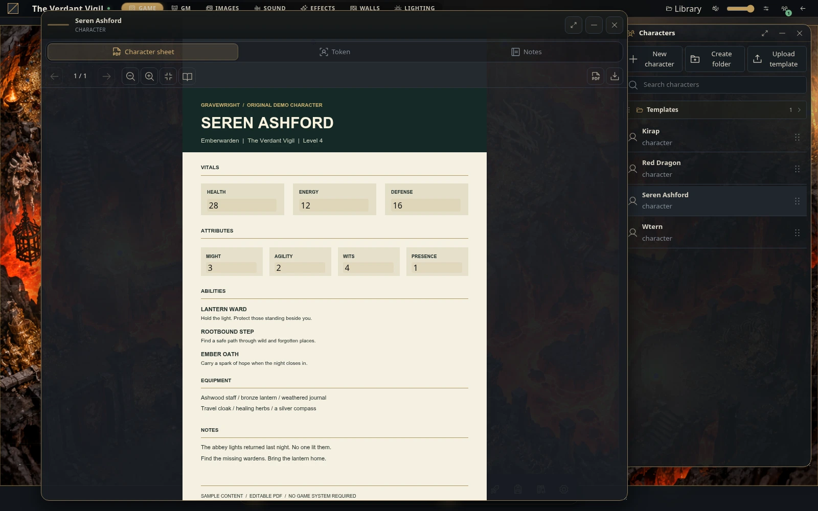 The original Seren Ashford PDF character sheet open in Gravewright, with editable health, energy, defense and attribute fields, abilities, equipment and notes.