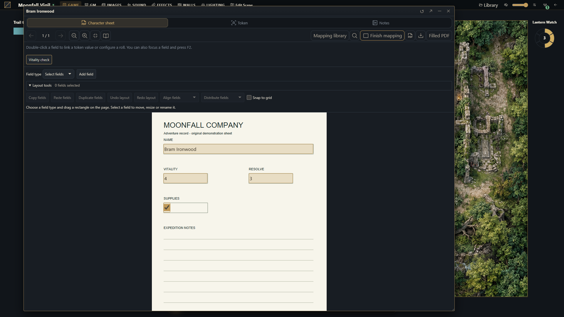 O Gravewright 0.3.2 mapeia retângulos de texto, número e checkbox em um PDF original não interativo de Bram Ironwood; controles de mapeamento e layout estão visíveis. Interface em inglês.
