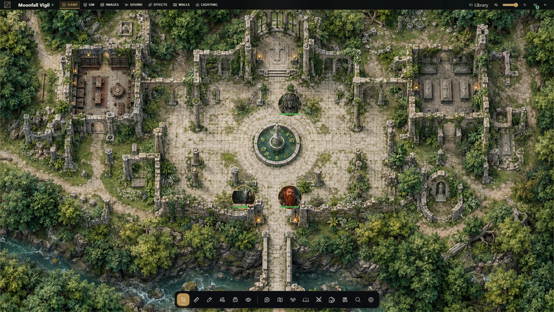 Gravewright 0.2.1 showing the original Moonfall Abbey map, character tokens and the current tabletop controls.