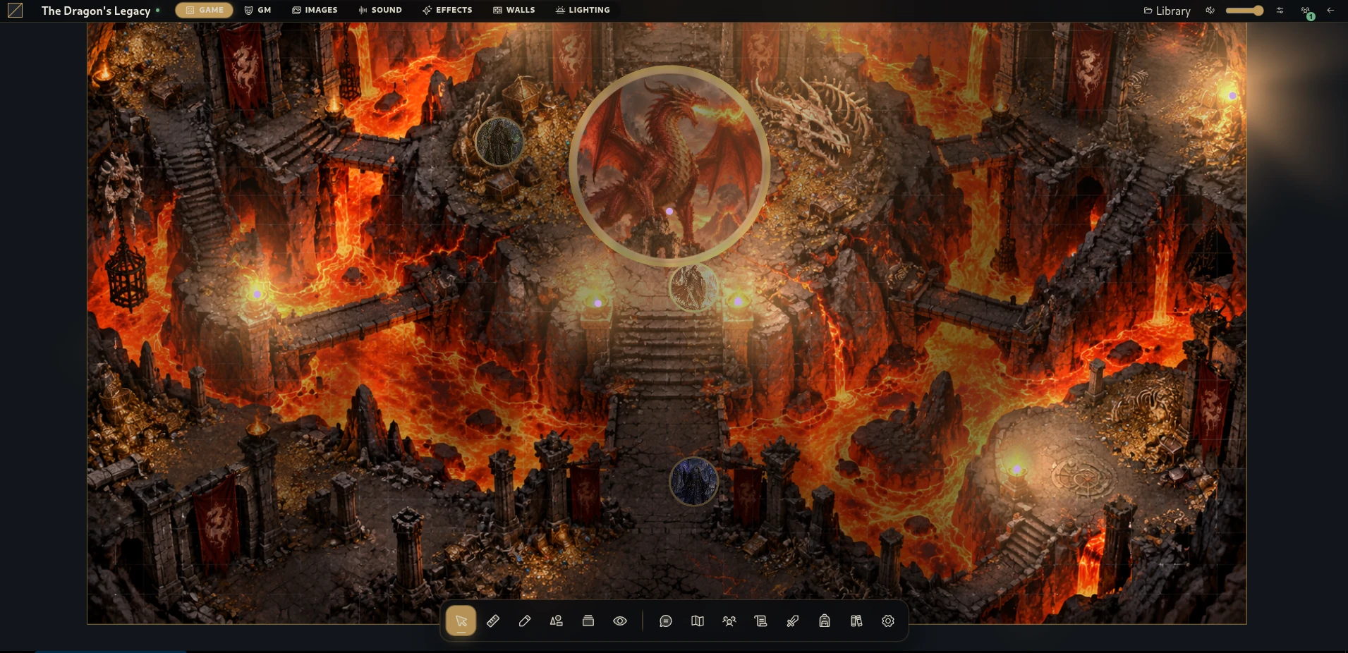 Gravewright tabletop showing a lava-filled dungeon, a large dragon token, character tokens, lighting and the tabletop toolbars.