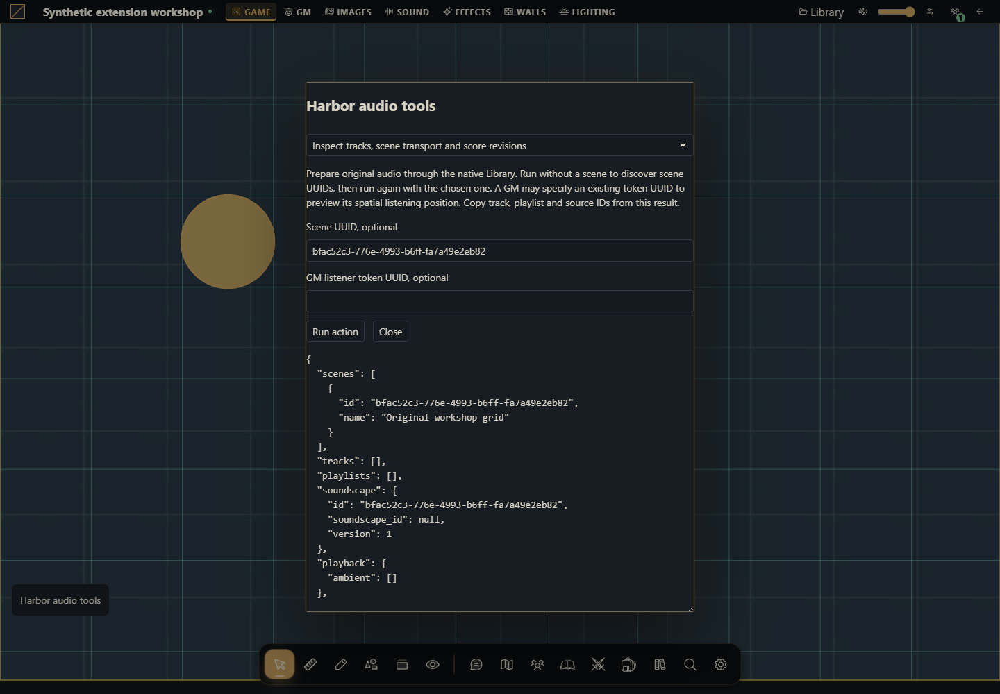 Installed Harbor audio tools module after running its inspect recipe. Gravewright 0.3.0, English interface.