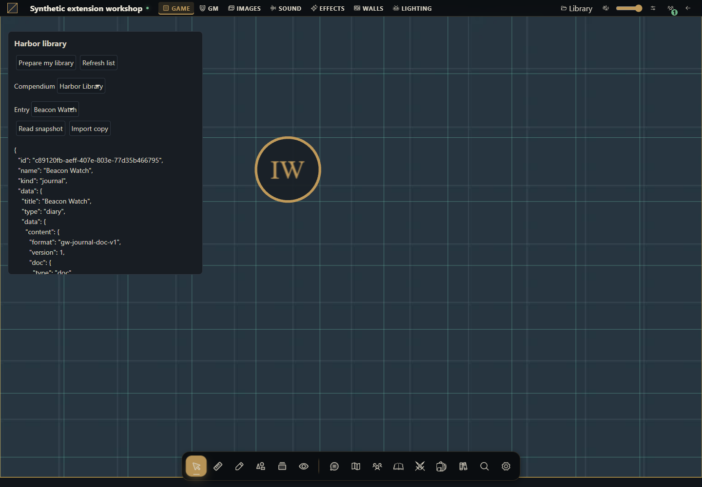 The installed Harbor library created a campaign pack and read its original journal snapshot. Gravewright 0.3.0, English interface.