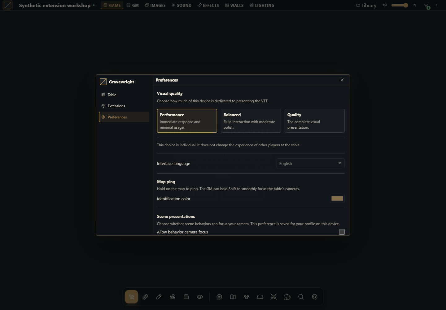 The real account language preference is inside Gravewright, Preferences, Interface language. Gravewright 0.3.0, English interface.