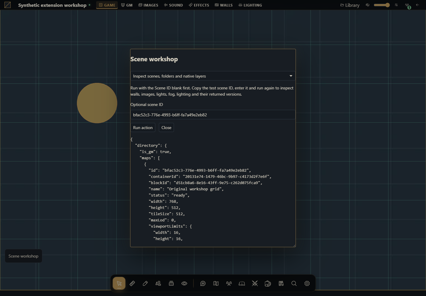 Installed Scene workshop module after running its inspect recipe. Gravewright 0.3.0, English interface.