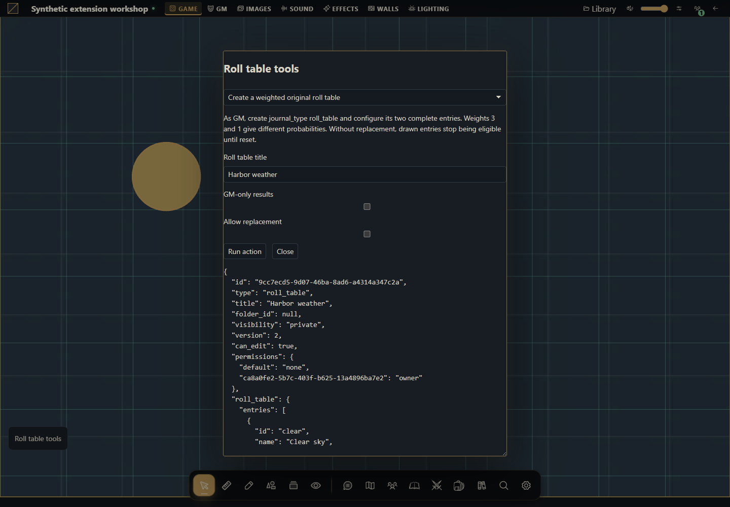 Installed Roll table tools module after running its create-table recipe. Gravewright 0.3.0, English interface.