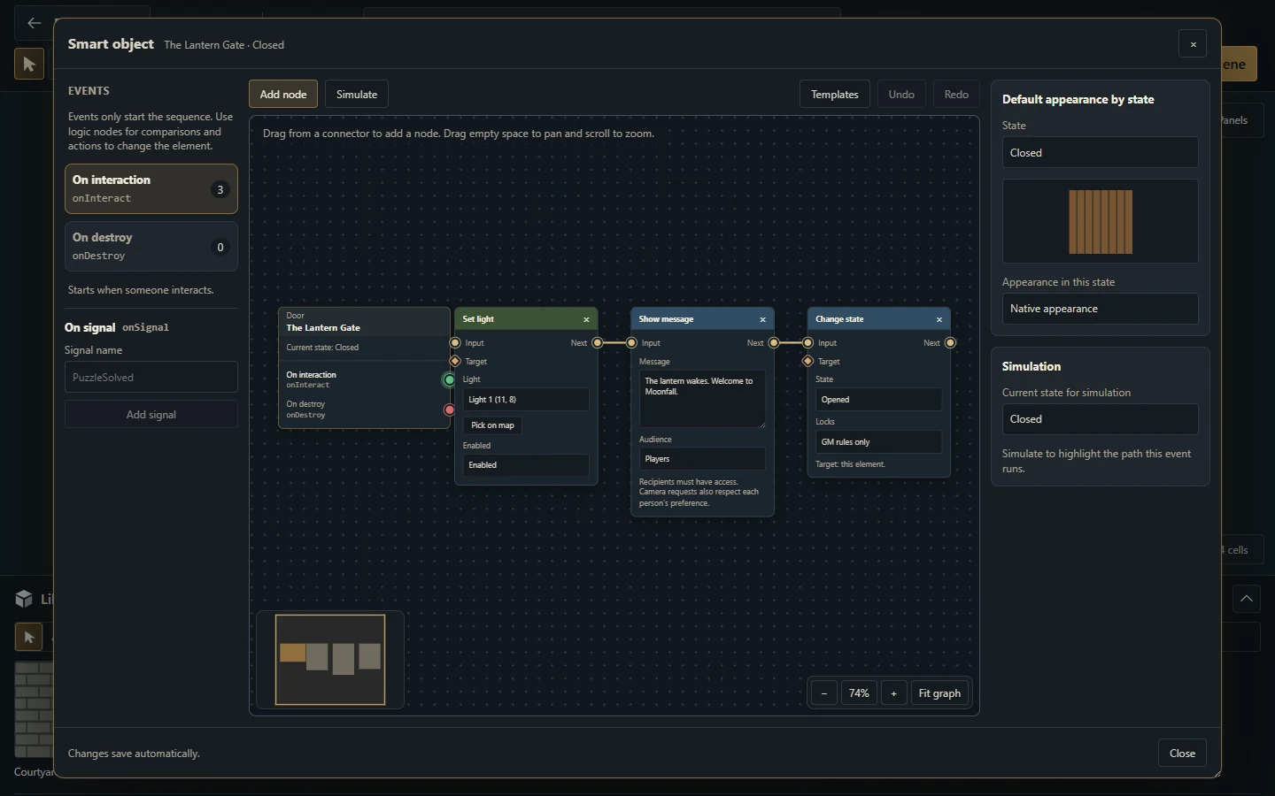 Real Smart Object editor showing a door graph, a light, a message and a state action