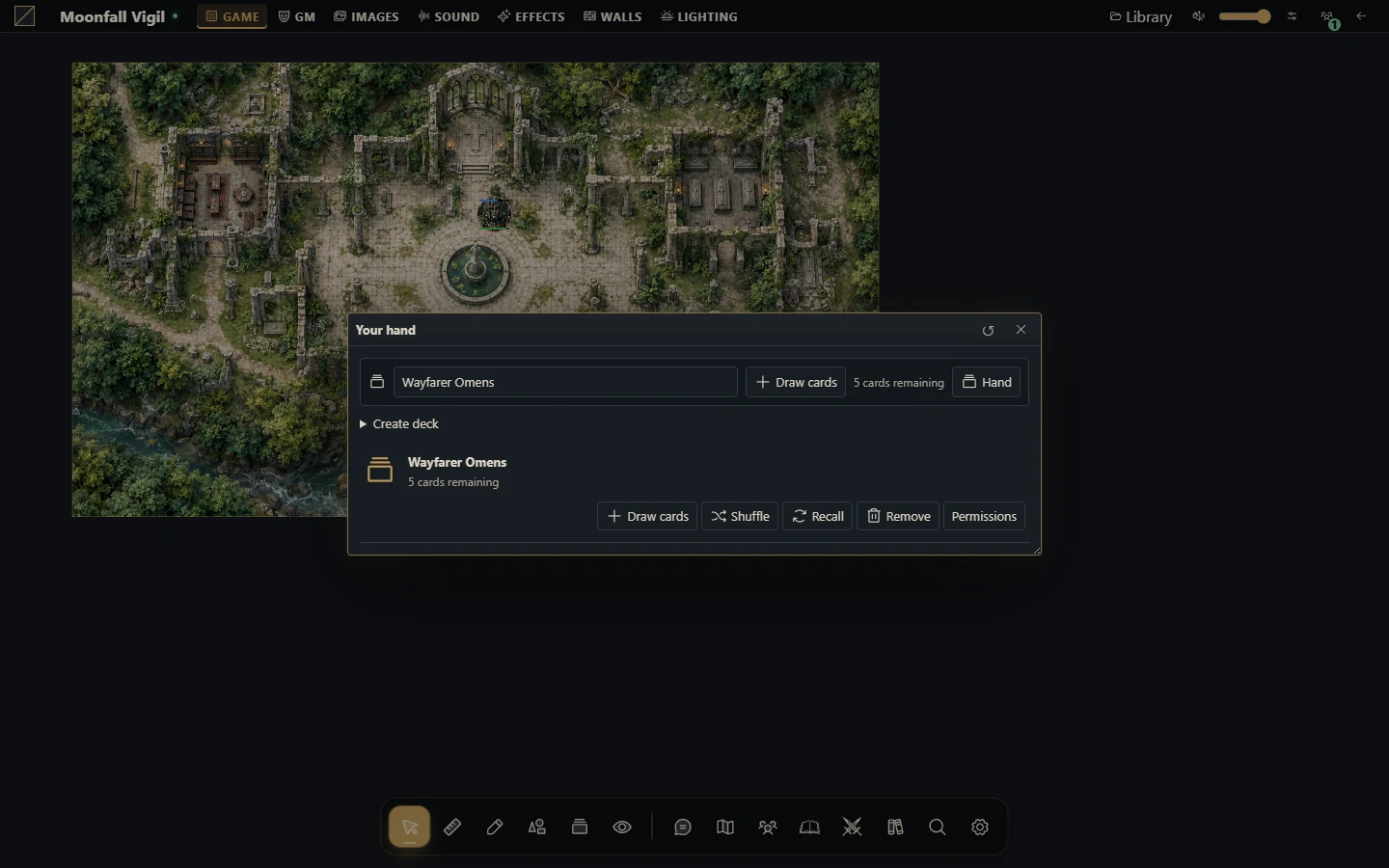 Um baralho sintético está pronto para compras de cartas na mesa. Gravewright 0.3.0, interface em inglês.