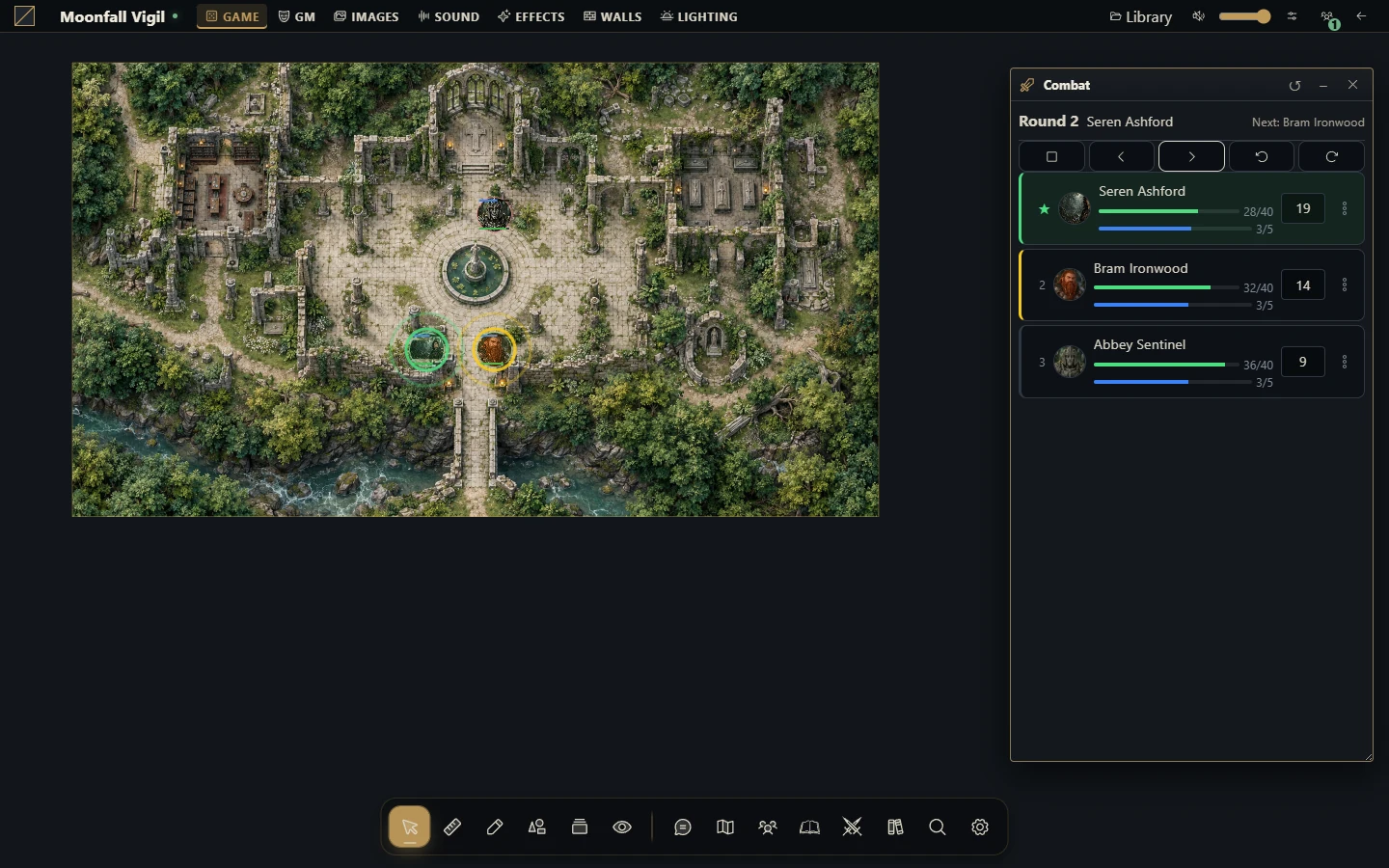 O rastreador de combate exibe o turno atual, a iniciativa e recursos dos atores. Gravewright 0.3.0, interface em inglês.