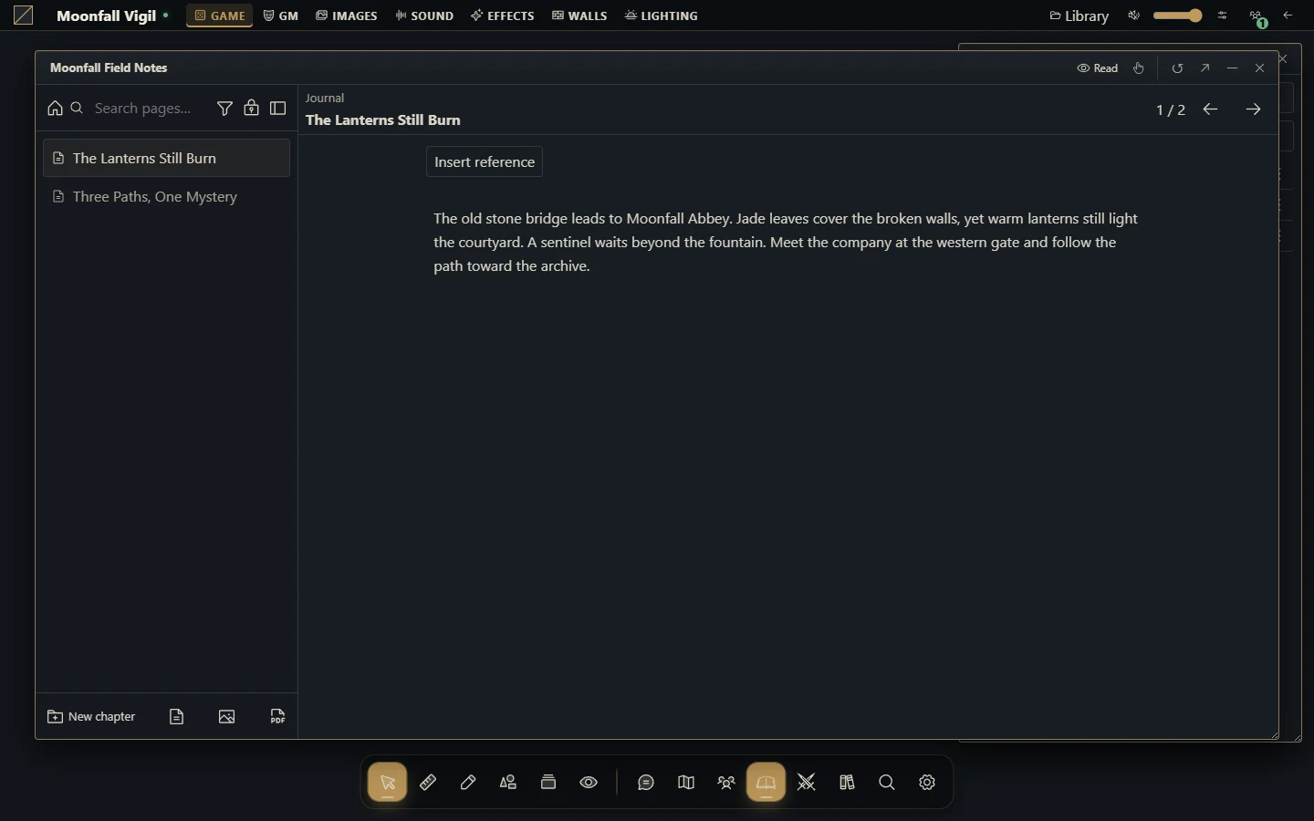 An original journal entry with chapter navigation and sharing controls. Gravewright 0.3.0, English interface.