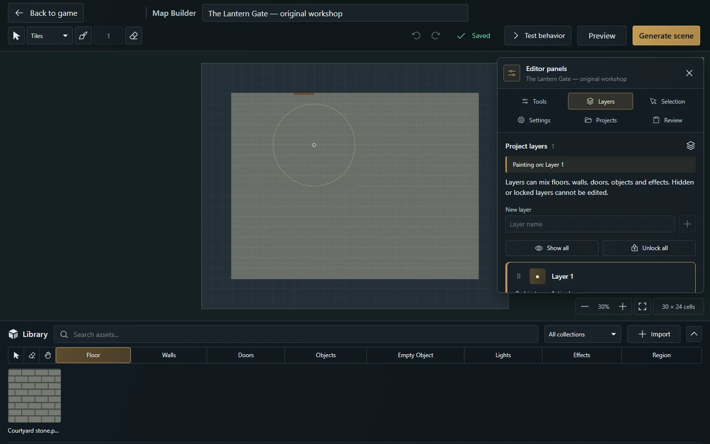 Map Builder edits an original courtyard using reusable stone and wood materials. Gravewright 0.3.0, English interface.