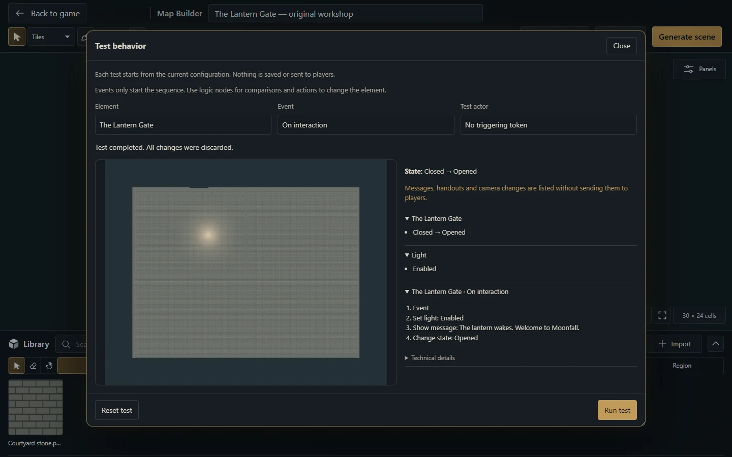 The safe playtest previews a door mechanism and reports its predicted changes. Gravewright 0.3.0, English interface.
