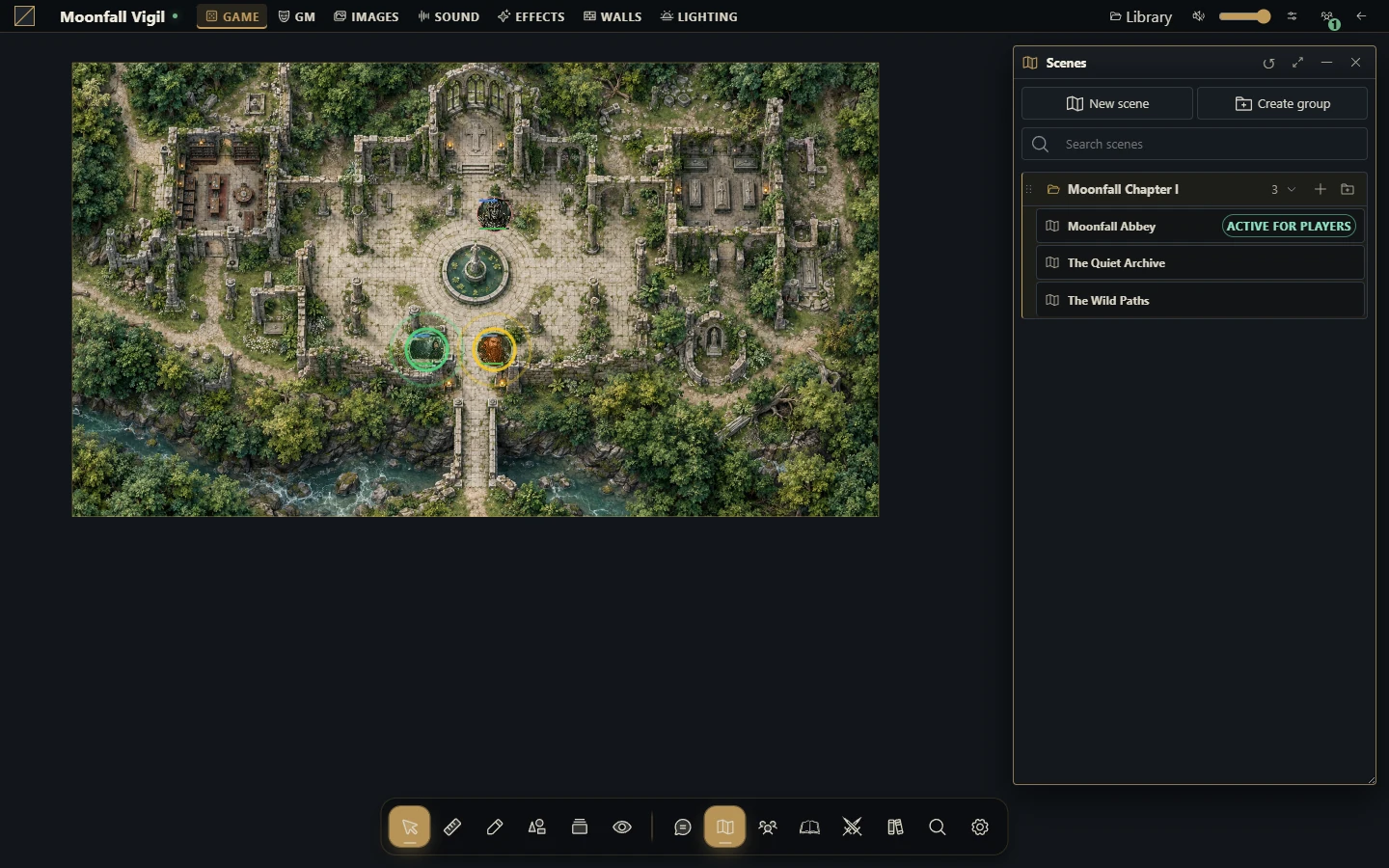 O diretório de cenas organiza a cena transmitida e cenas privadas em uma pasta. Gravewright 0.3.0, interface em inglês.